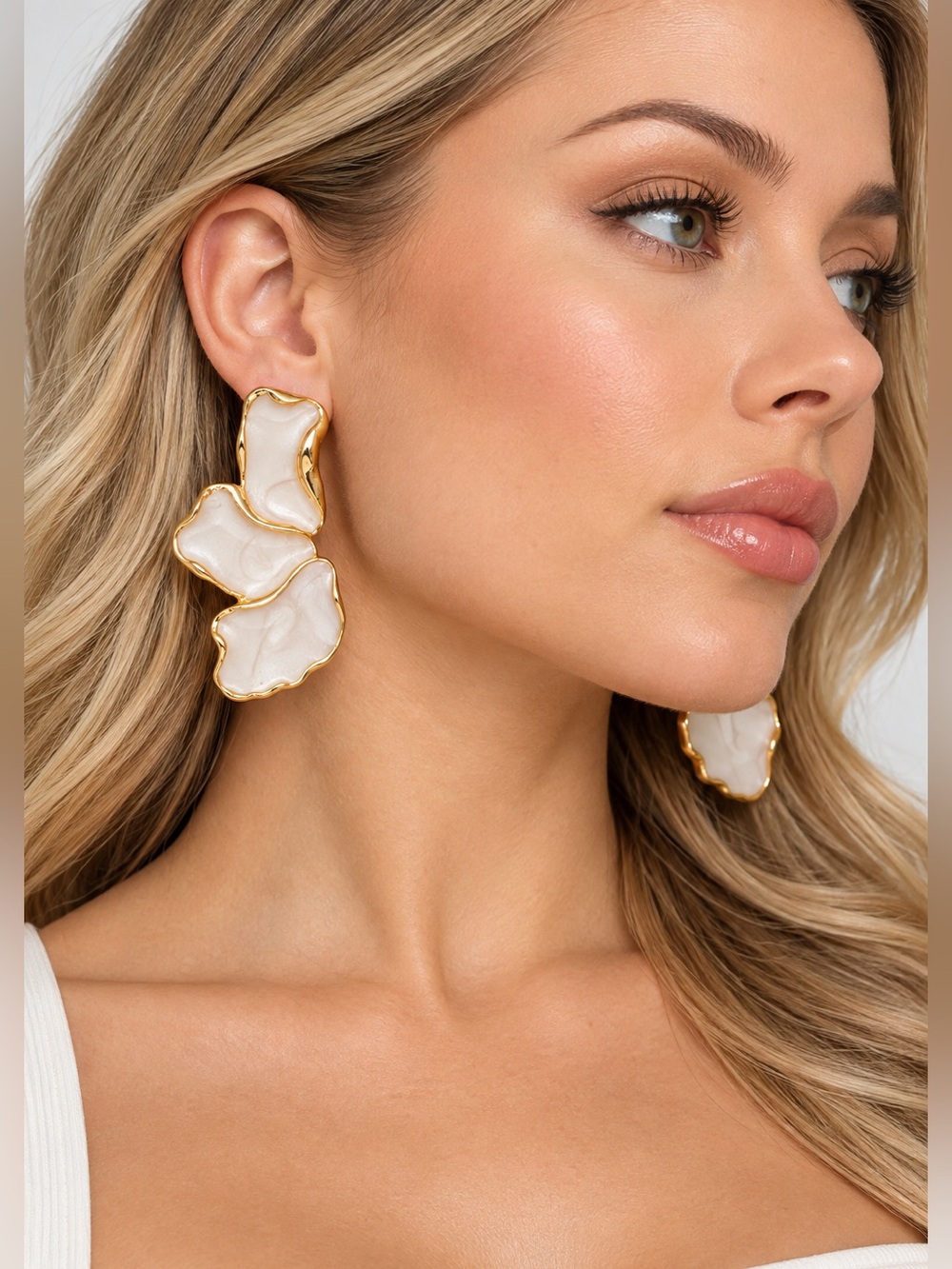 Gold-Trim White Statement Drop Earrings